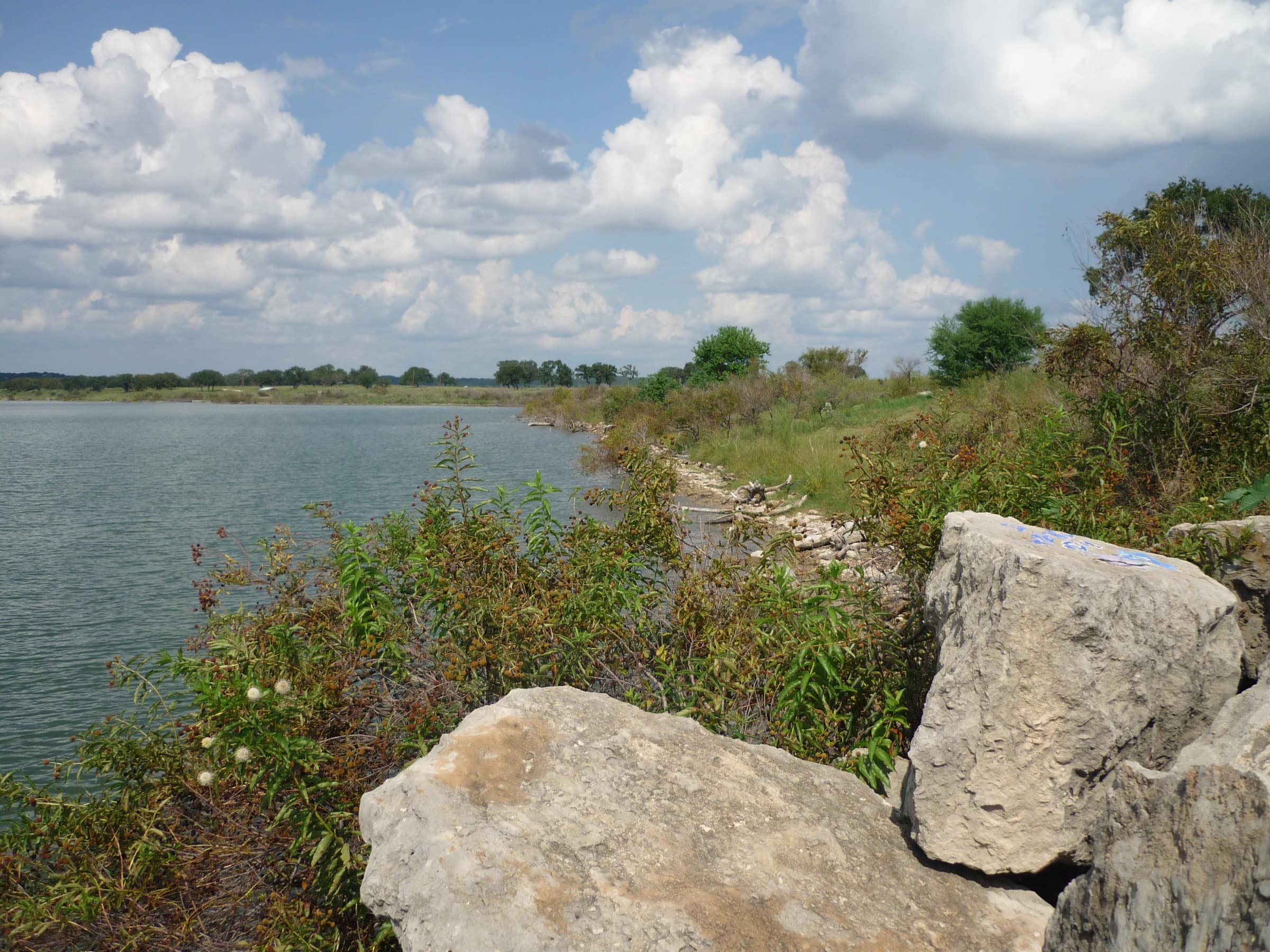 Limestone boulders and lakeside scrub on the west shore of Canyon Lake, the lake and hills beyond